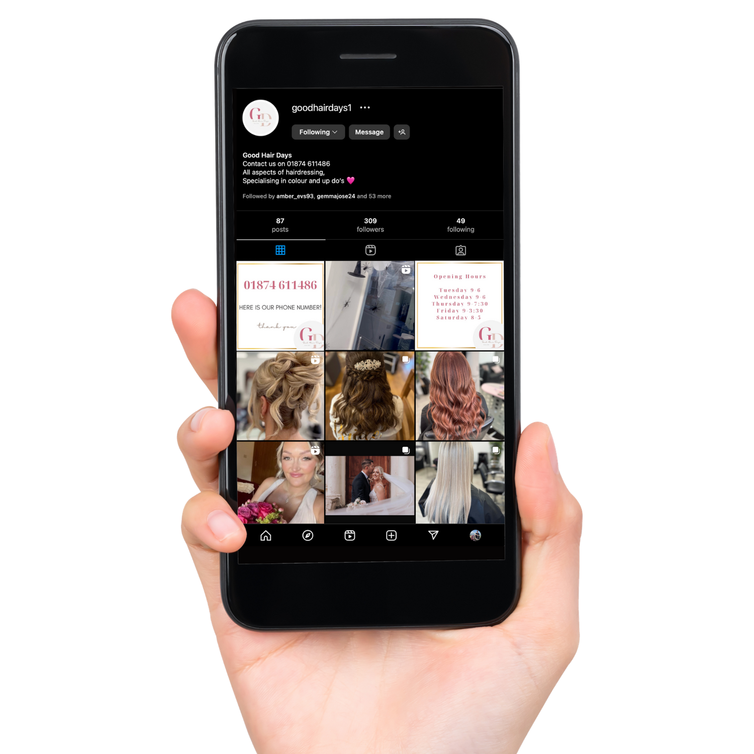 Hand holding a smartphone showing a social media profile grid layout with multiple posts.