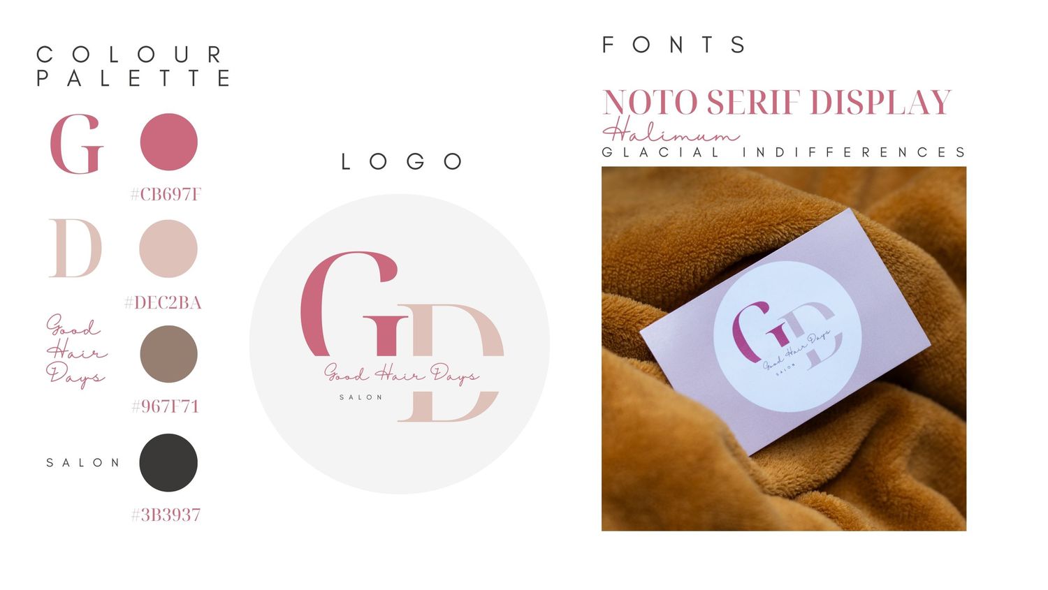 Professional branding elements featuring a minimalist logo design and color scheme.