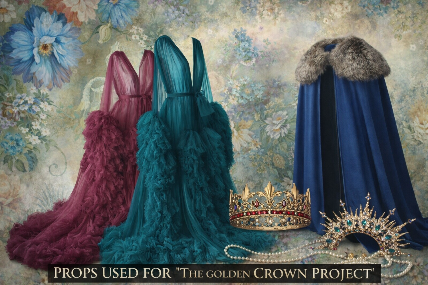 Elegant gowns in deep blue, burgundy, and teal displayed against a textured vintage backdrop for a crown-themed photo project.