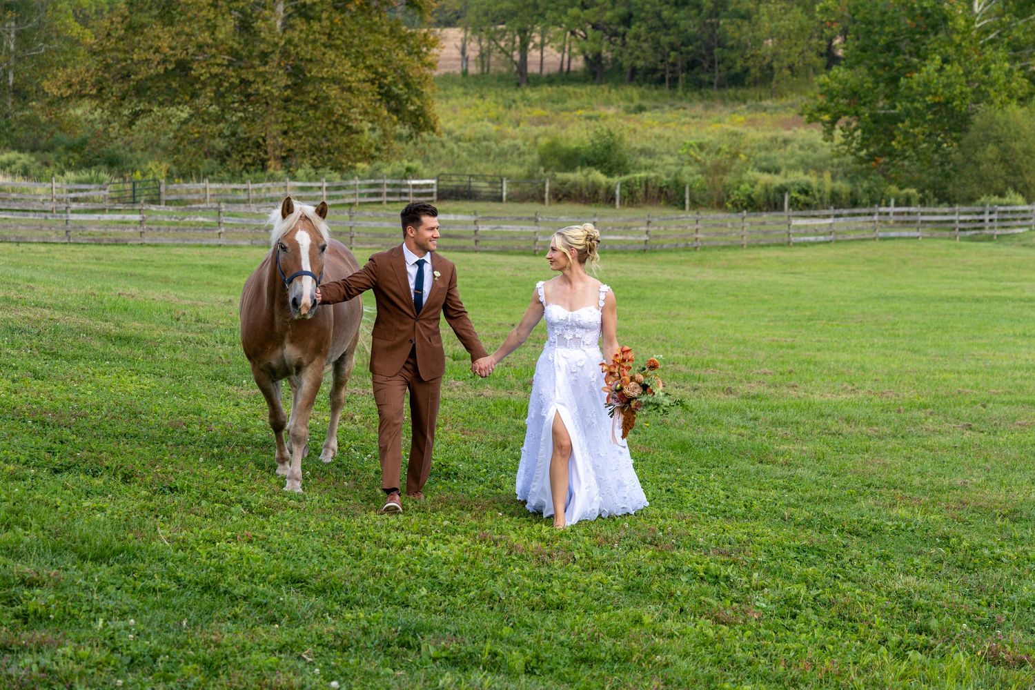 A couple in wedding attire walk with a brown horse across a green pasture at an outdoor farm venue.