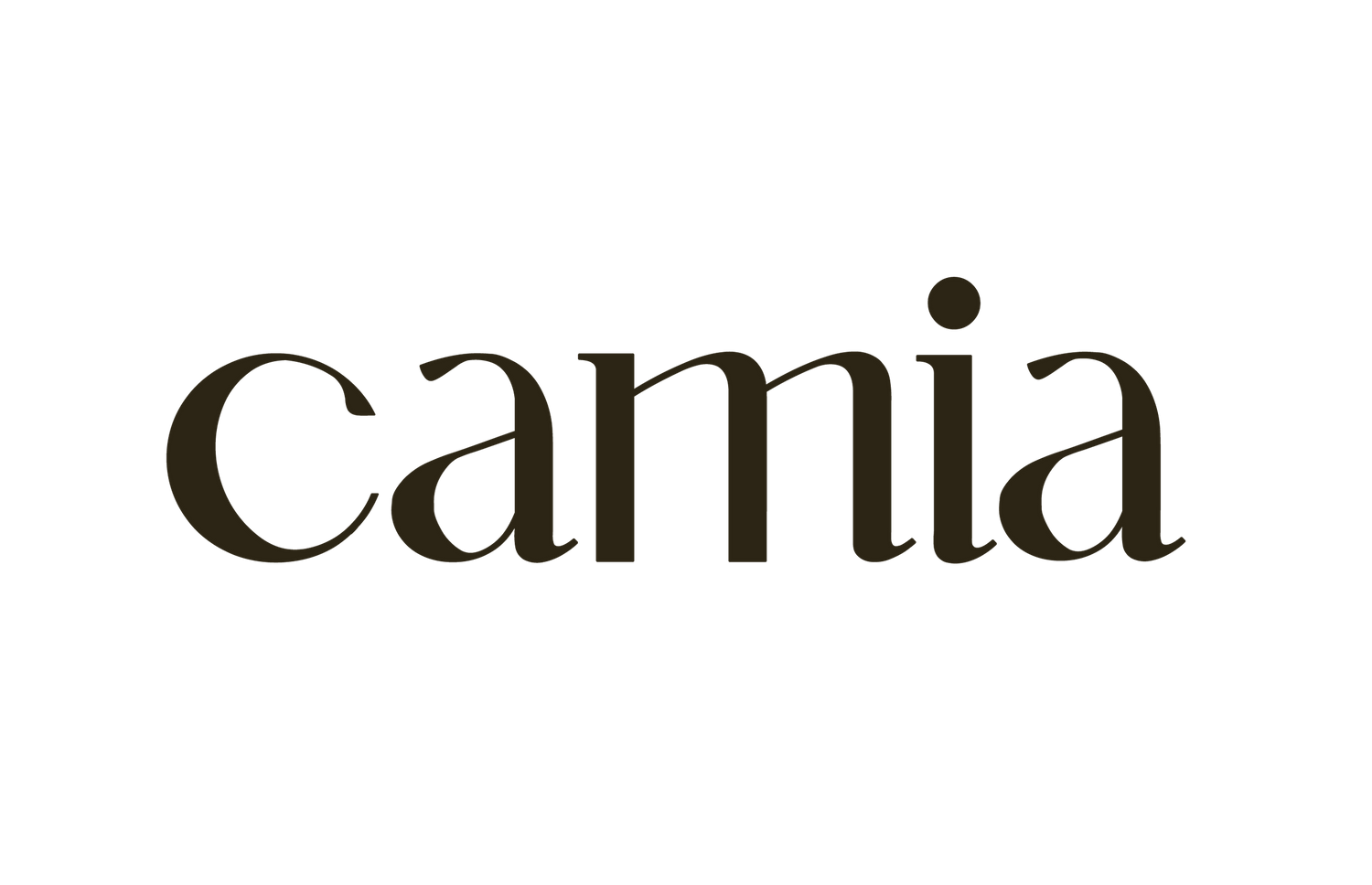 Black serif typography logo spelling 'camia' on white background.