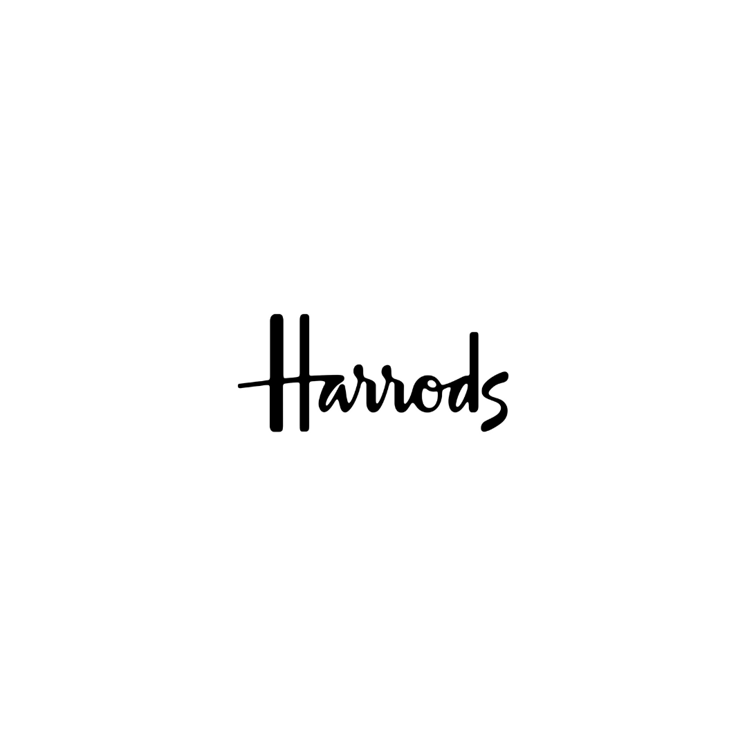 Harrods signature cursive black script logo on white background.