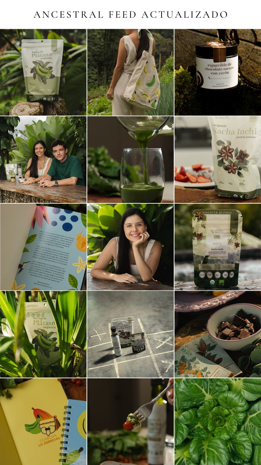 Grid layout of product photos featuring tea packages, plants, and natural food items.