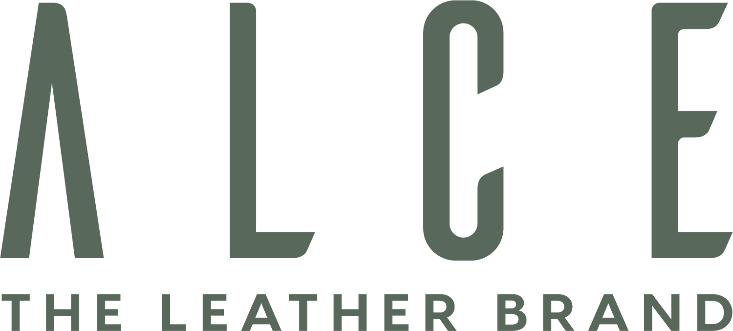 Minimalist green logo design for ALCE leather brand against white background.