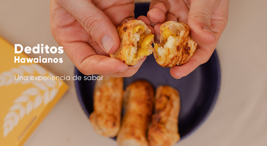 Hawaiian style filled pastries being pulled apart to show melted cheese filling.