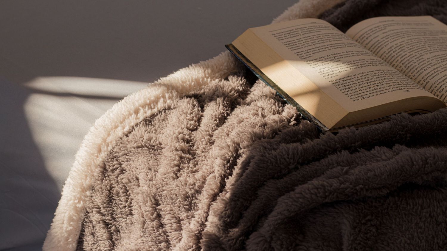 Open book resting on a cozy brown blanket in warm sunlight.