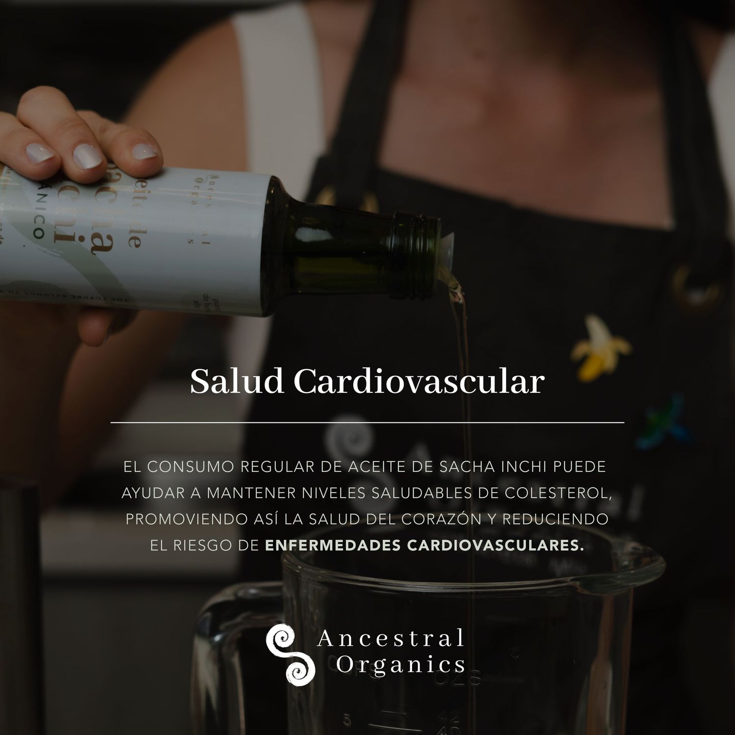 Person pouring Sacha Inchi oil with text overlay about cardiovascular health benefits.