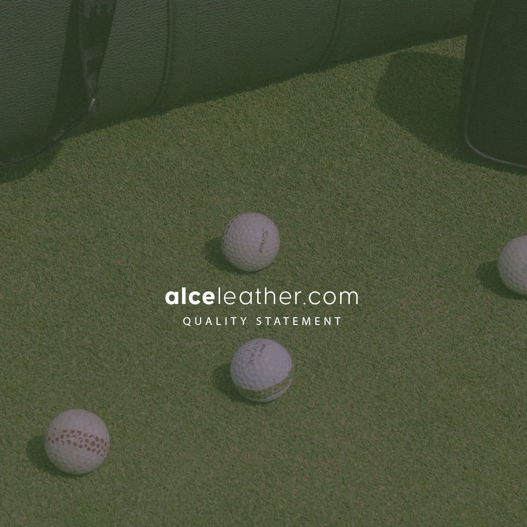Golf balls scattered on green turf with Alce Leather watermark in corner.