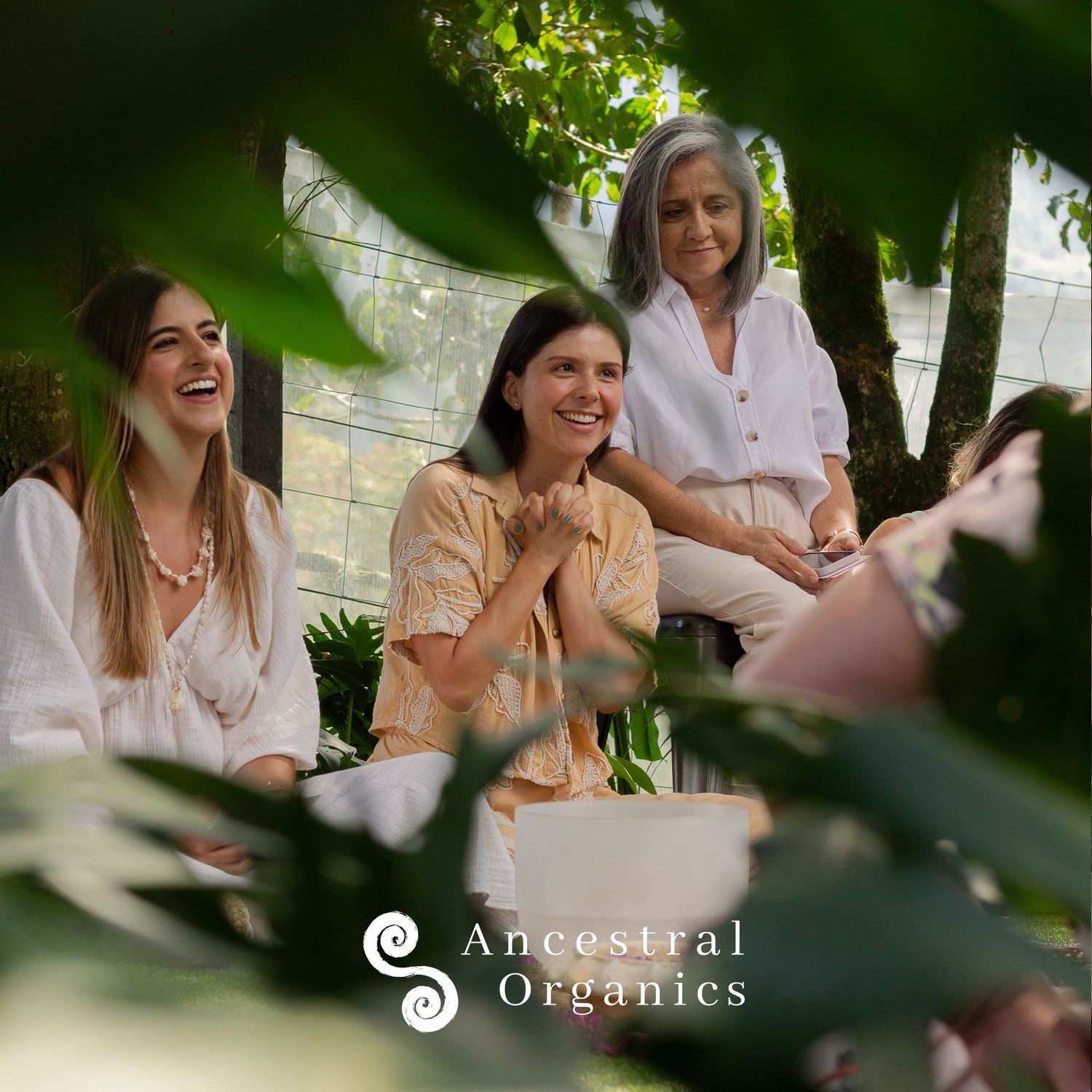 Group enjoying conversation outdoors with Ancestral Organics branding displayed.