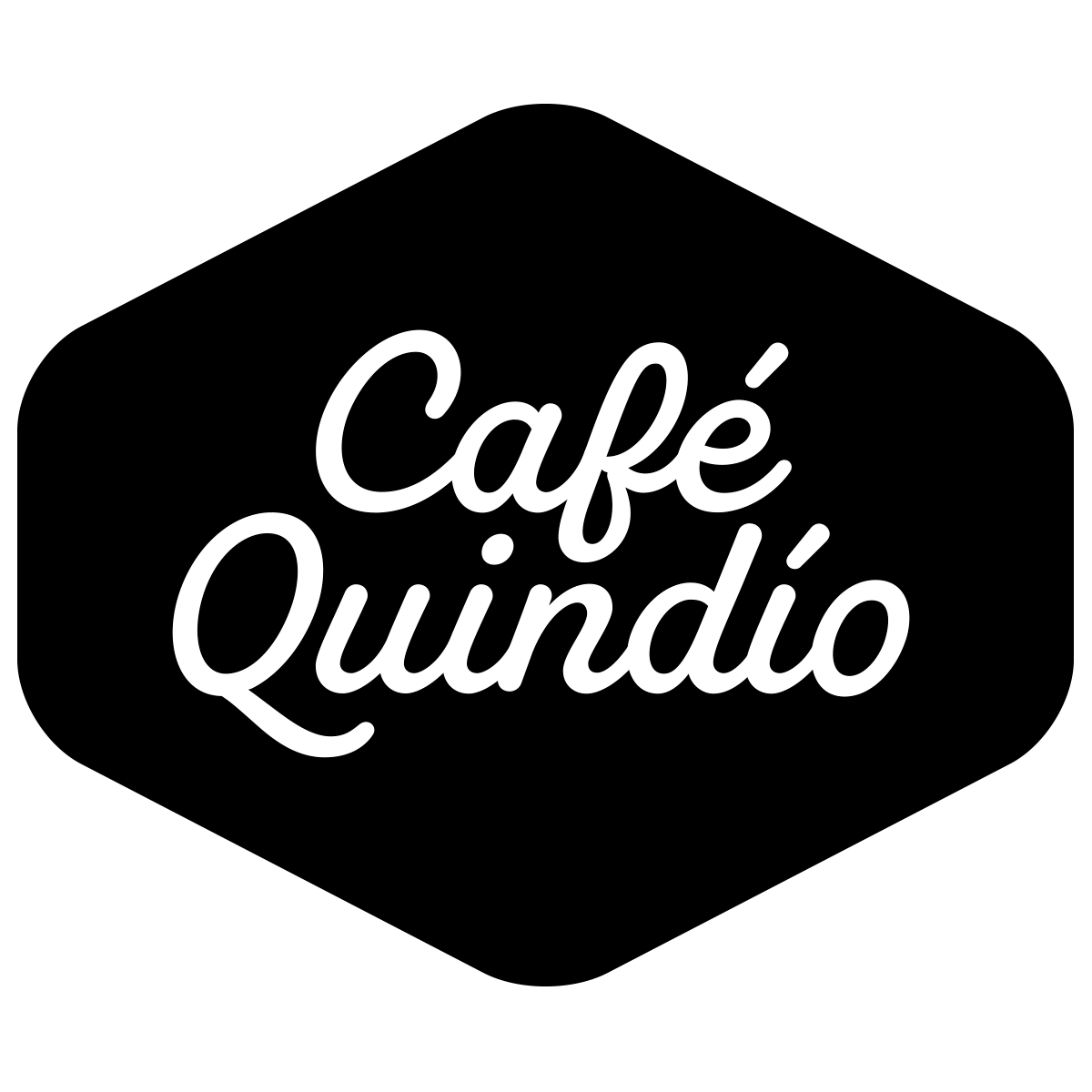 Elegant Cafe Quindio script lettering in white on black circular background.