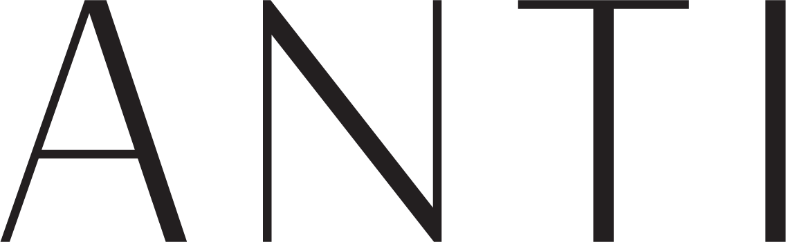Minimalist ANTI text logo in black capital letters.
