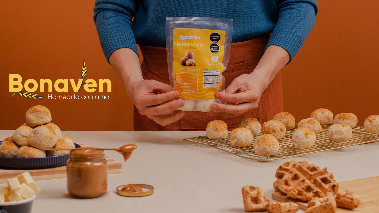 Display of various baked goods and pastries with Bonaven branding.