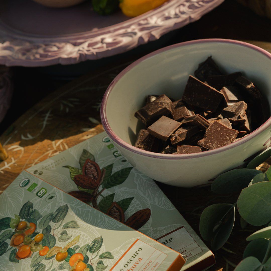 Bowl of dark chocolate pieces next to a floral cookbook and green foliage on a rustic surface.