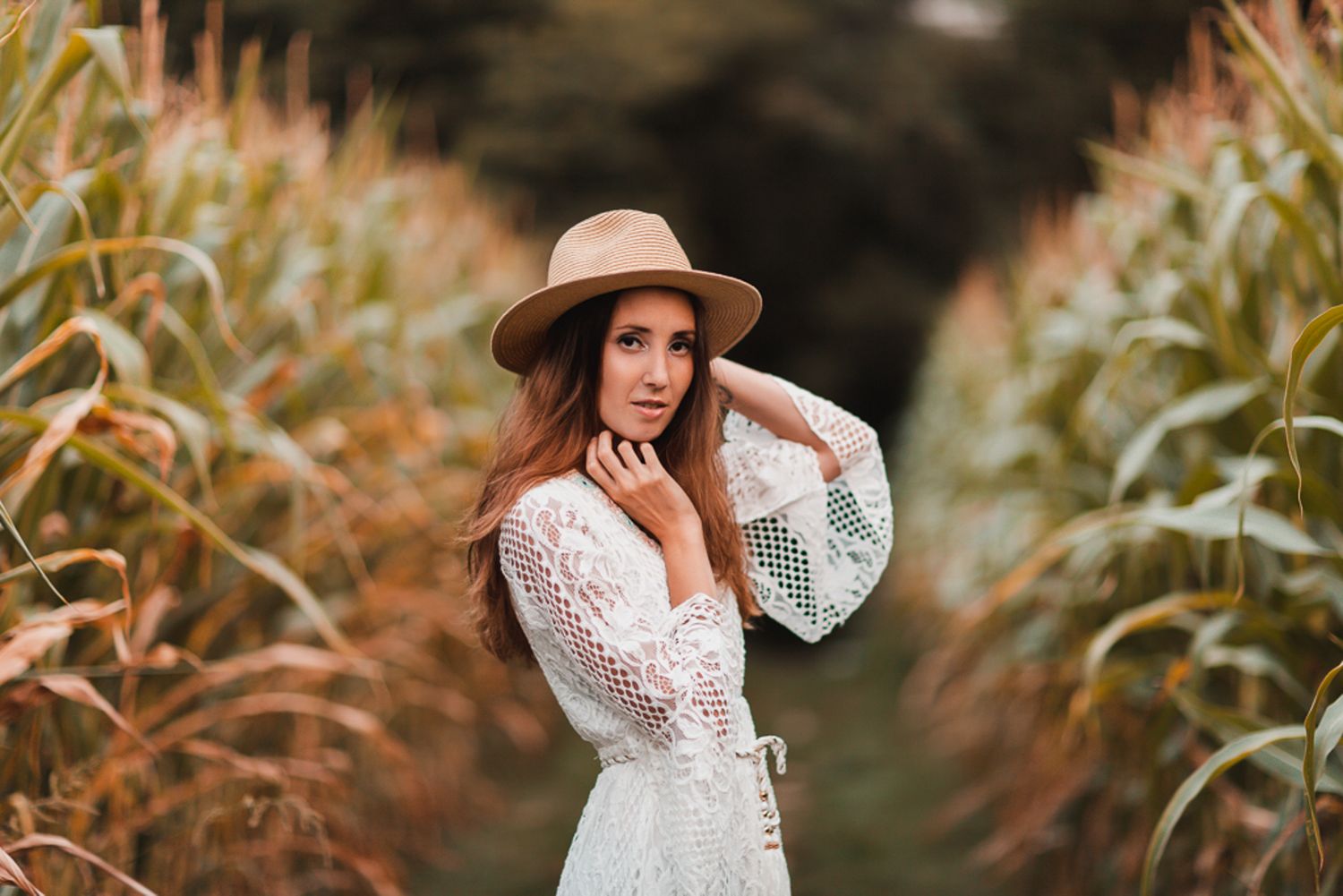 Woman in white lace dress and brown hat poses in cornfield during golden hour.