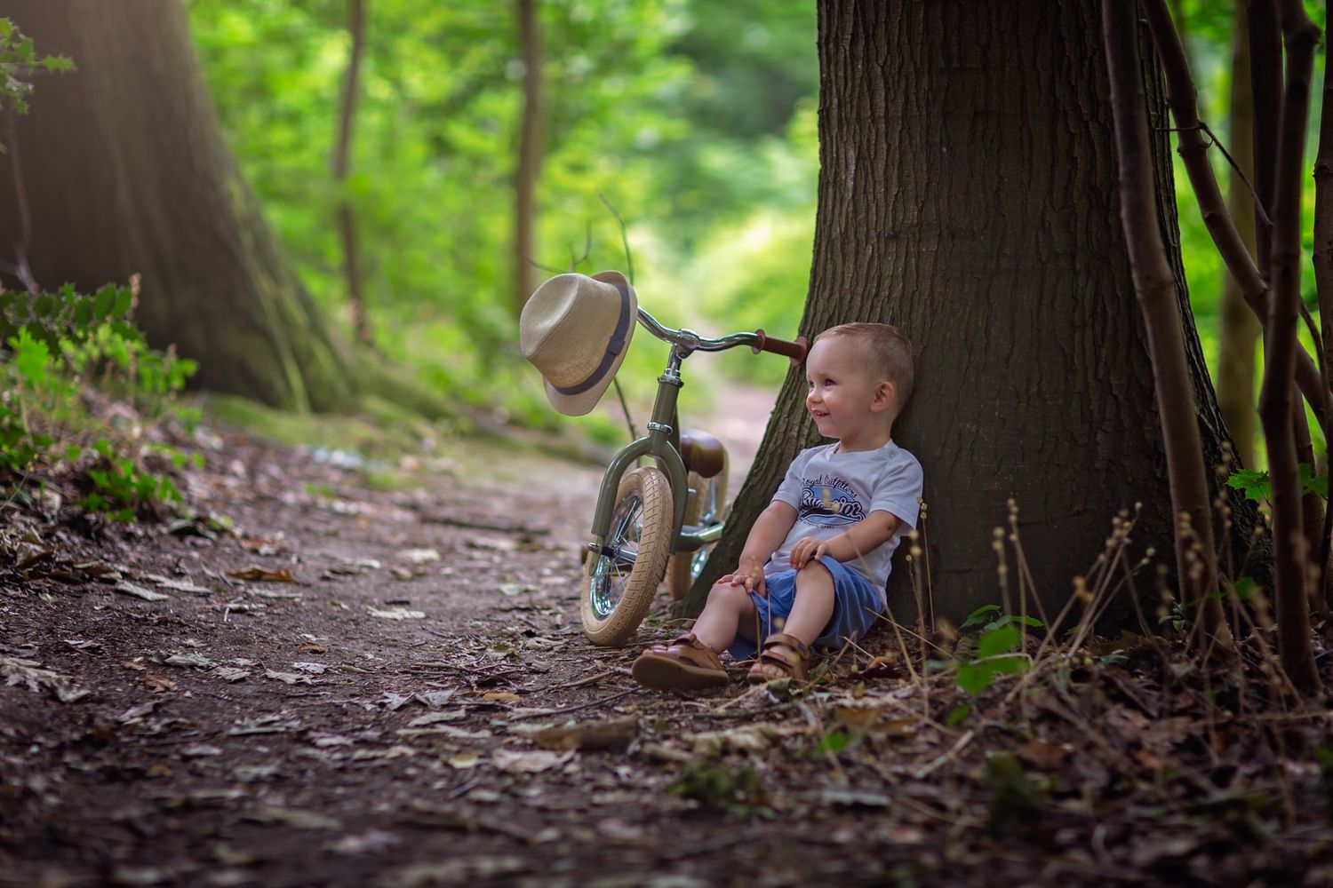 Small child sits by bicycle on forest trail with sunlight filtering through trees.