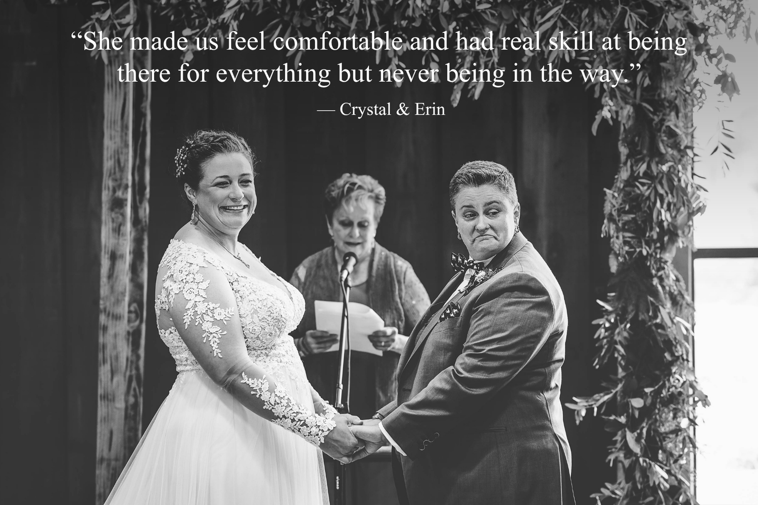 Black and white wedding ceremony photo with couple holding hands at altar, overlaid with a glowing testimonial quote.