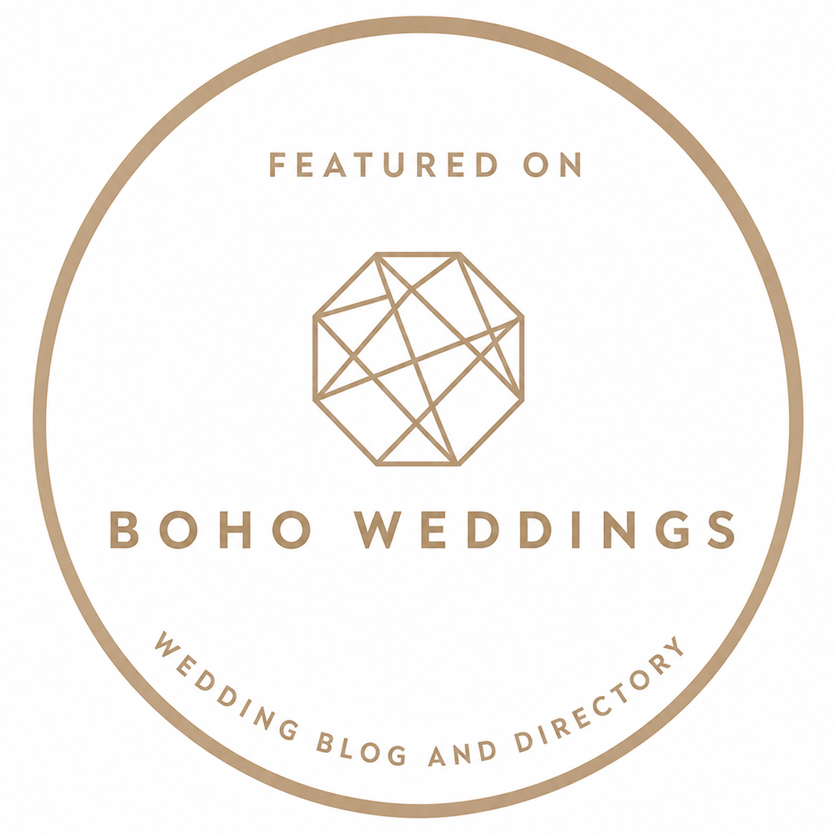 Boho Weddings featured badge, a circular gold emblem with geometric diamond logo and wedding blog directory text.