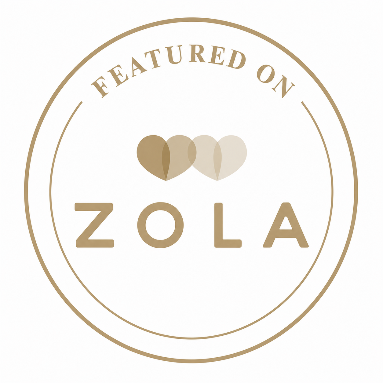Featured on Zola wedding planning platform badge with gold text and three overlapping heart icons.