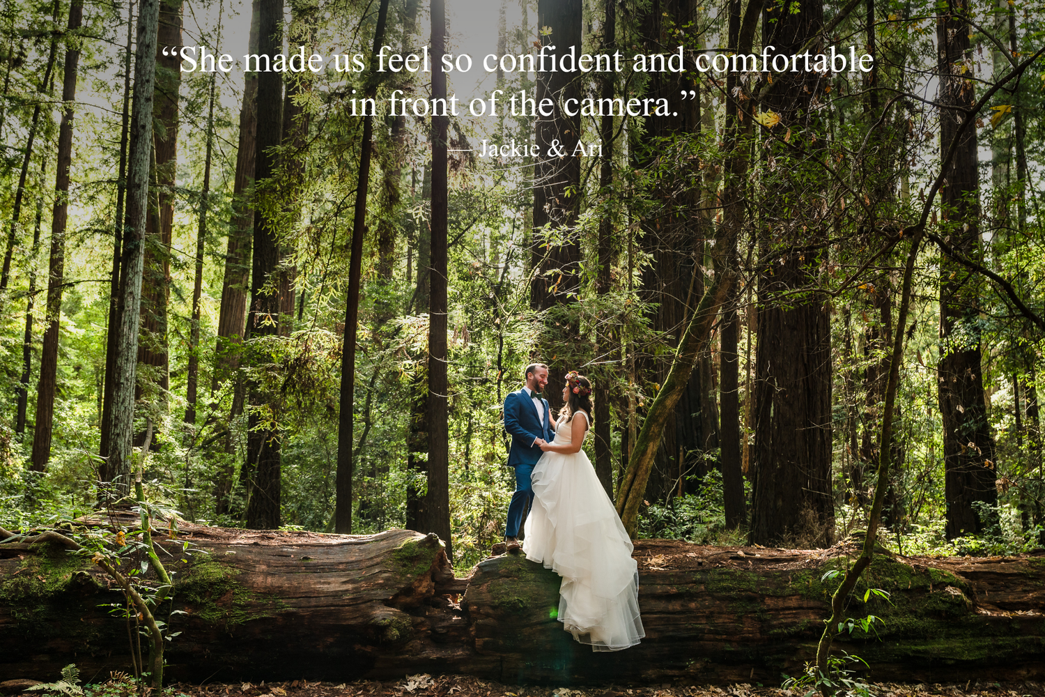 A bride and groom embrace among towering redwood trees with an inspirational wedding quote overlay in a lush forest setting.