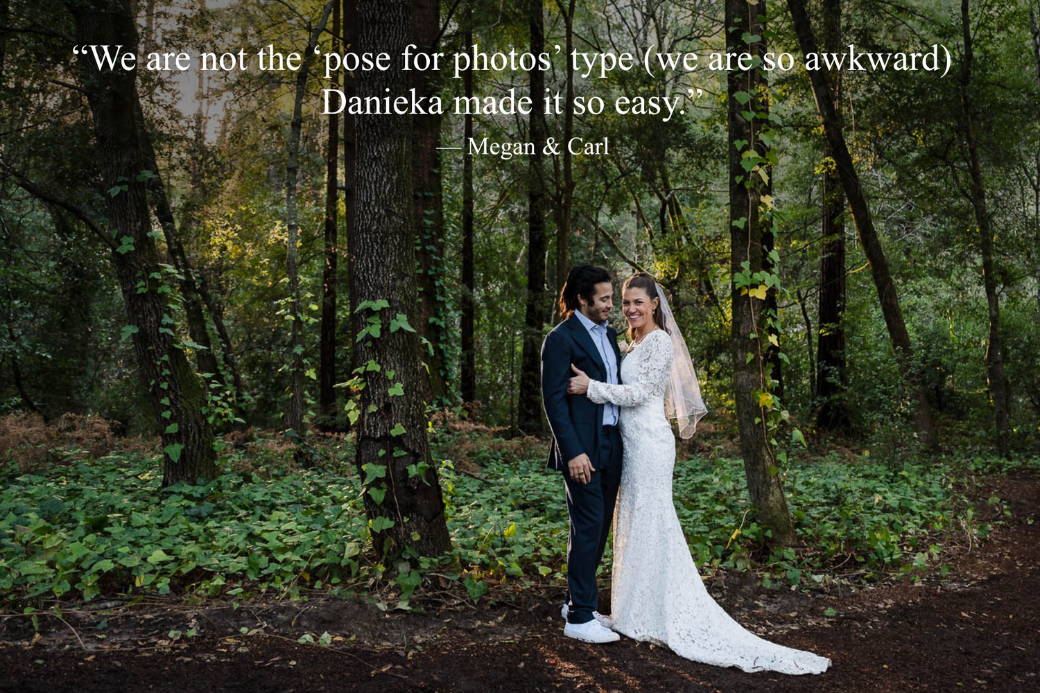 Bride and groom embracing in a lush forest setting, with a wedding photography testimonial quote overlay.