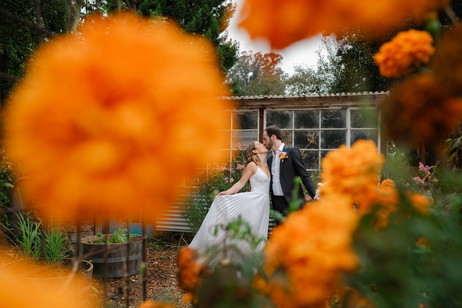 Couple embraces in a garden with vibrant orange flowers creating a romantic foreground blur effect.