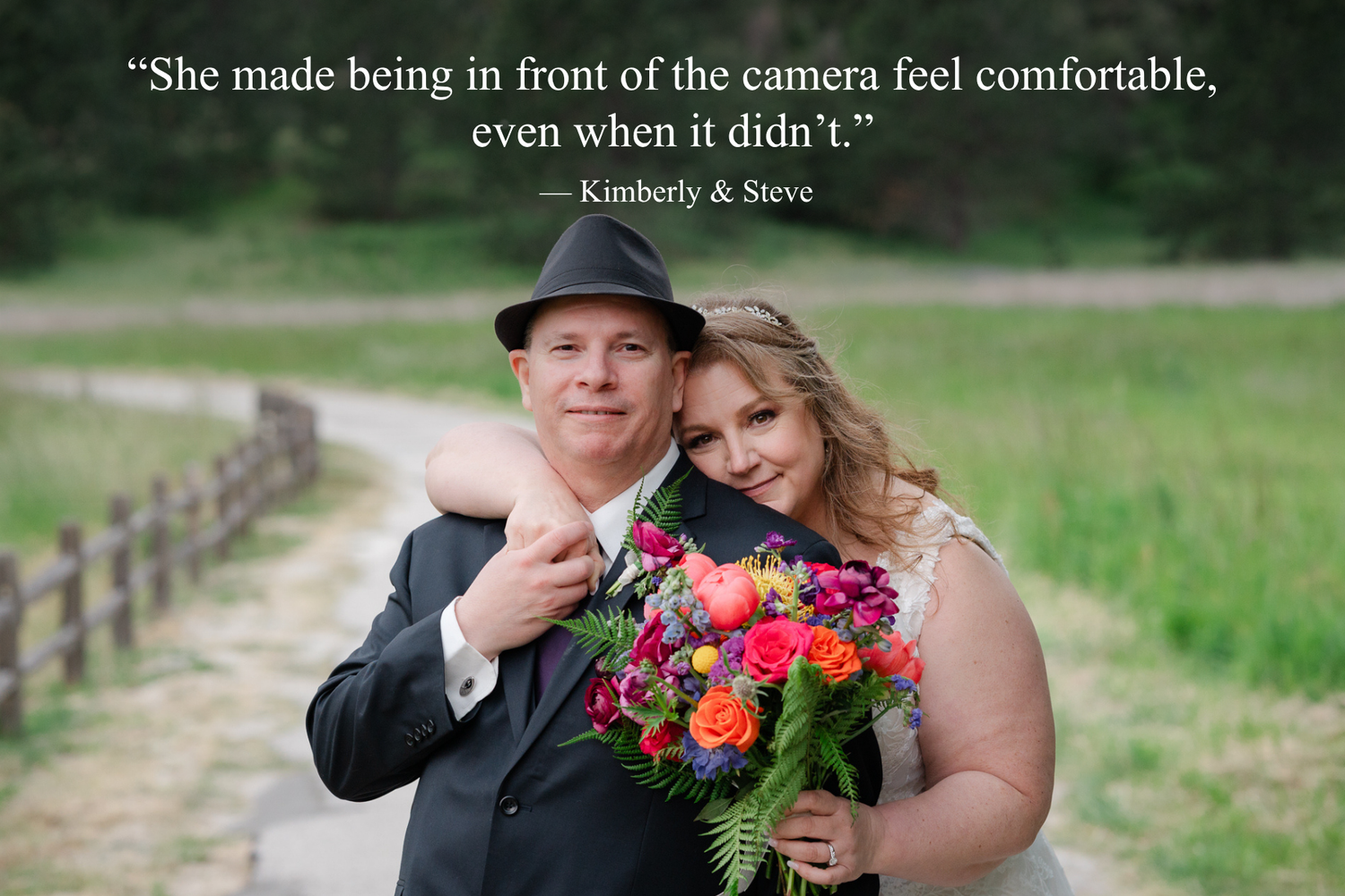 A bride and groom pose outdoors on their wedding day with a colorful bouquet, featuring a testimonial quote overlay.