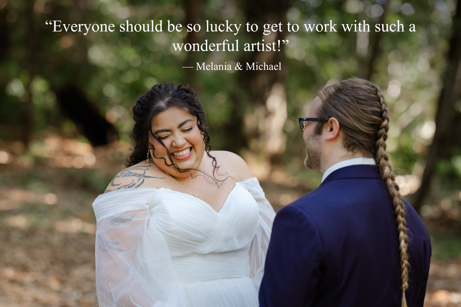 A bride in a white gown laughs joyfully with her groom outdoors, with a glowing wedding review quote overlay.