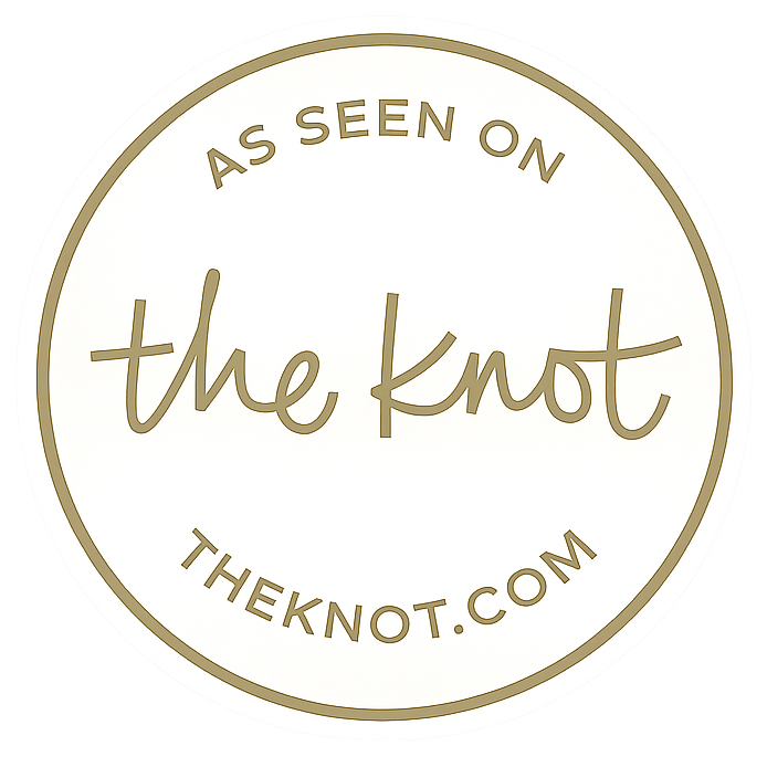 Gold circular badge reading As Seen On The Knot, theknot.com, a premier wedding planning website logo.
