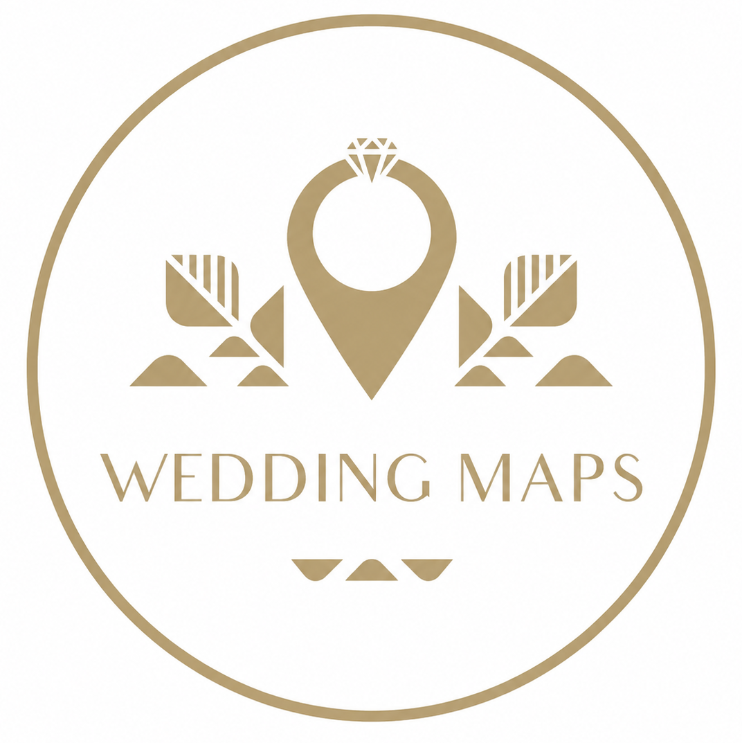 Gold Wedding Maps logo featuring a location pin with a diamond ring inside, framed by geometric leaves on a white circle.