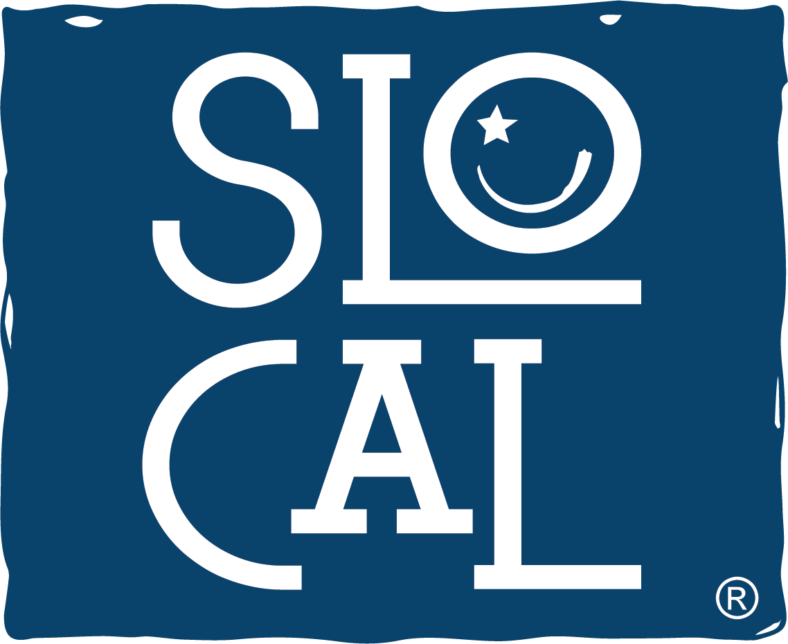 White text spelling 'SLO CAL' with a crescent moon and star design on a navy blue background.