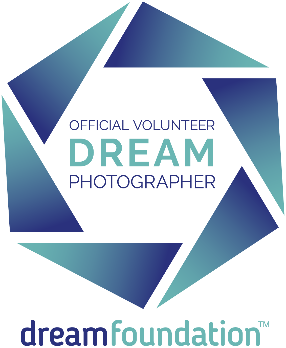 Dream Foundation official volunteer dream photographer logo with teal geometric camera aperture design.
