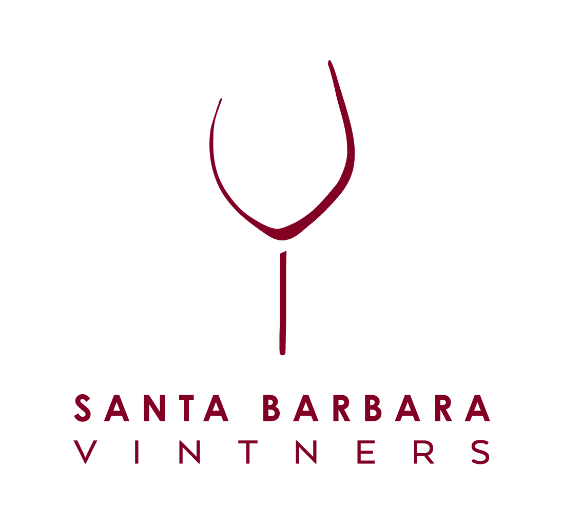 A stylized wine logo for Santa Barbara Vintners featuring a wine glass and text in burgundy red color.