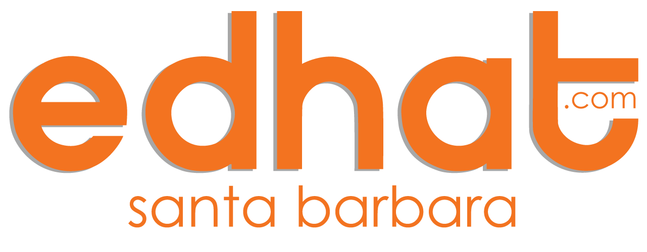 A bright orange Edhat logo with santa barbara text displayed on a white background.