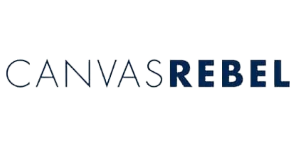 A black and white logo for Canvas Rebel featuring stylized text with REBEL in a darker shade.