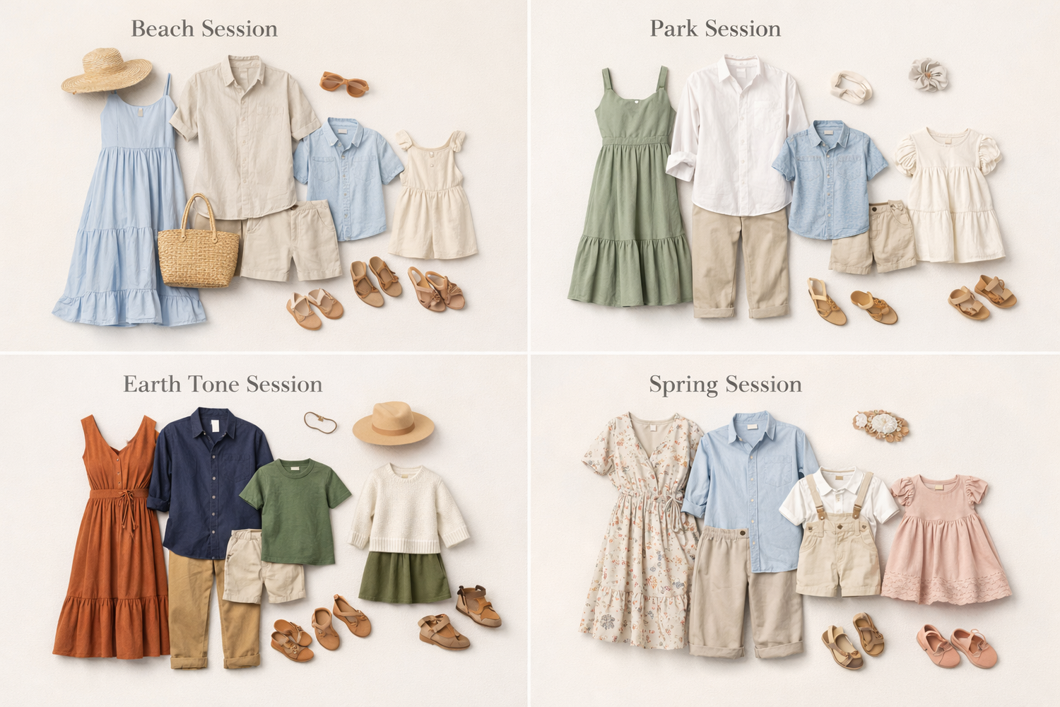 A collection of seasonal fashion capsule wardrobe layouts featuring neutral clothing and accessories arranged in a grid.