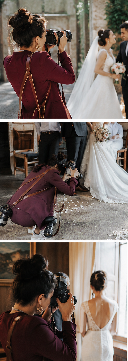 Female wedding photographer in burgundy top captures bride and groom portraits using dual cameras on leather straps.