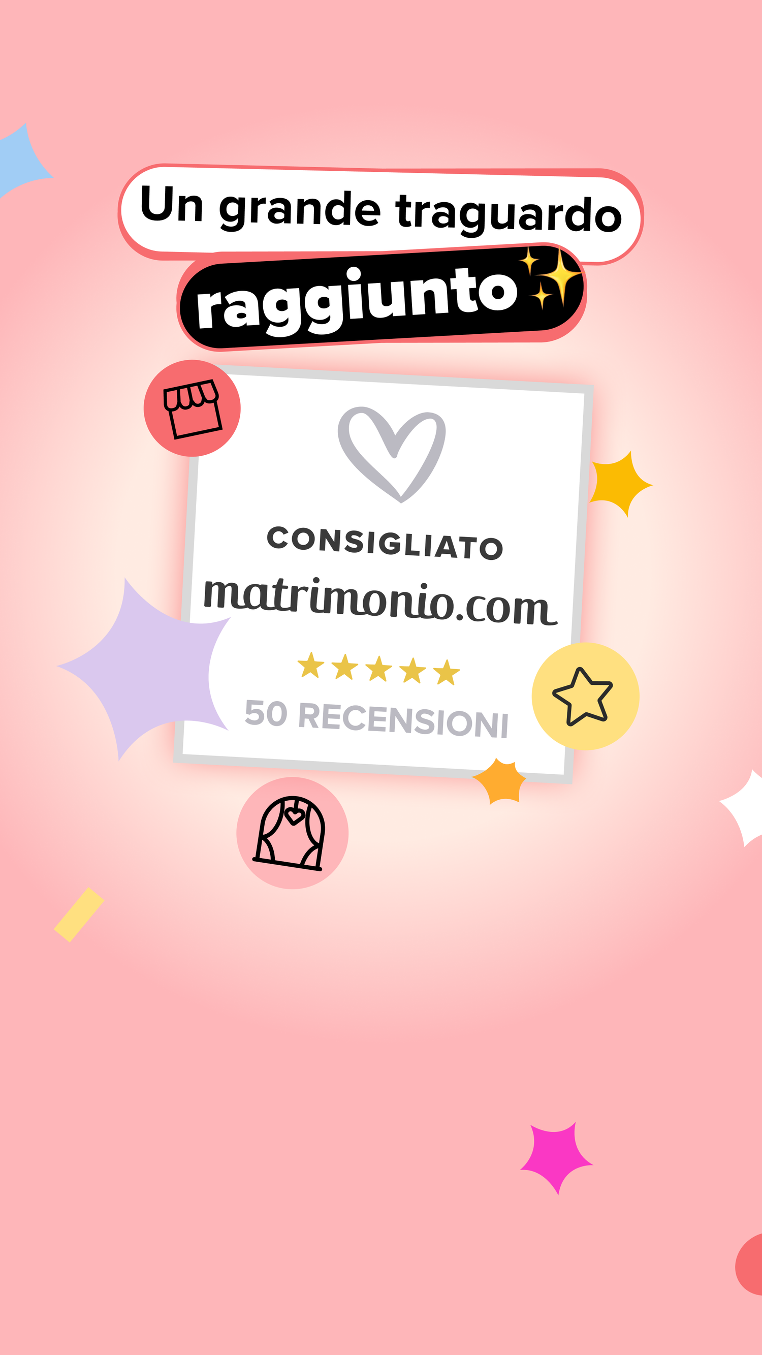 Celebratory pink graphic announcing 50 reviews milestone on matrimonio.com with stars and festive decorations.