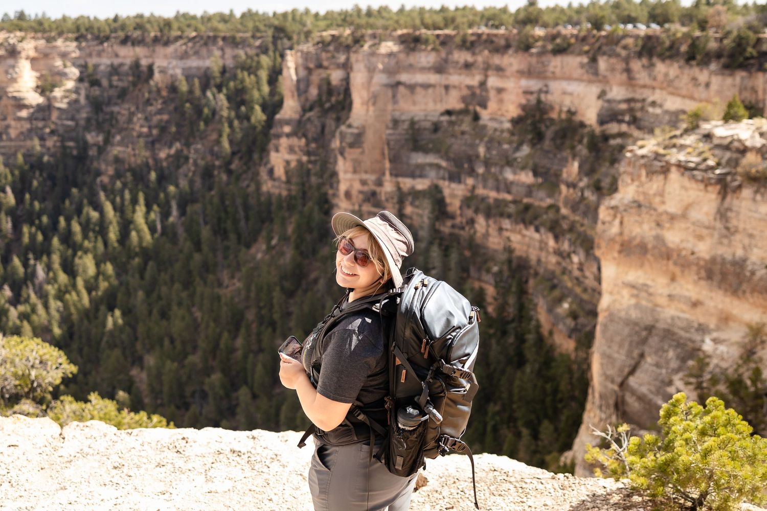 A hiker stands at the edge of a deep canyon overlook with steep sandstone cliffs and pine forest below.