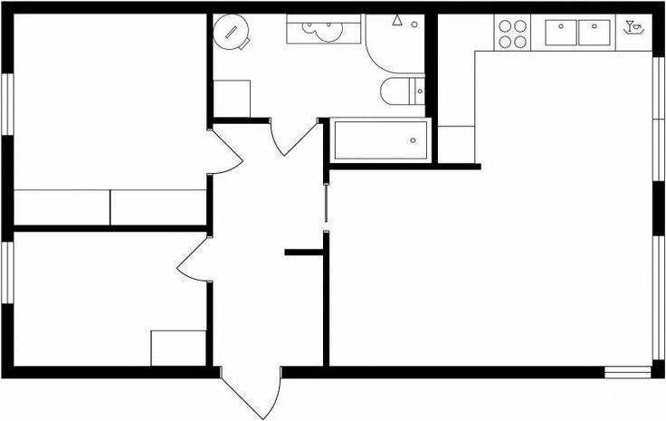 Black and white architectural floor plan showing a compact apartment layout with bathroom, kitchen, and multiple rooms.