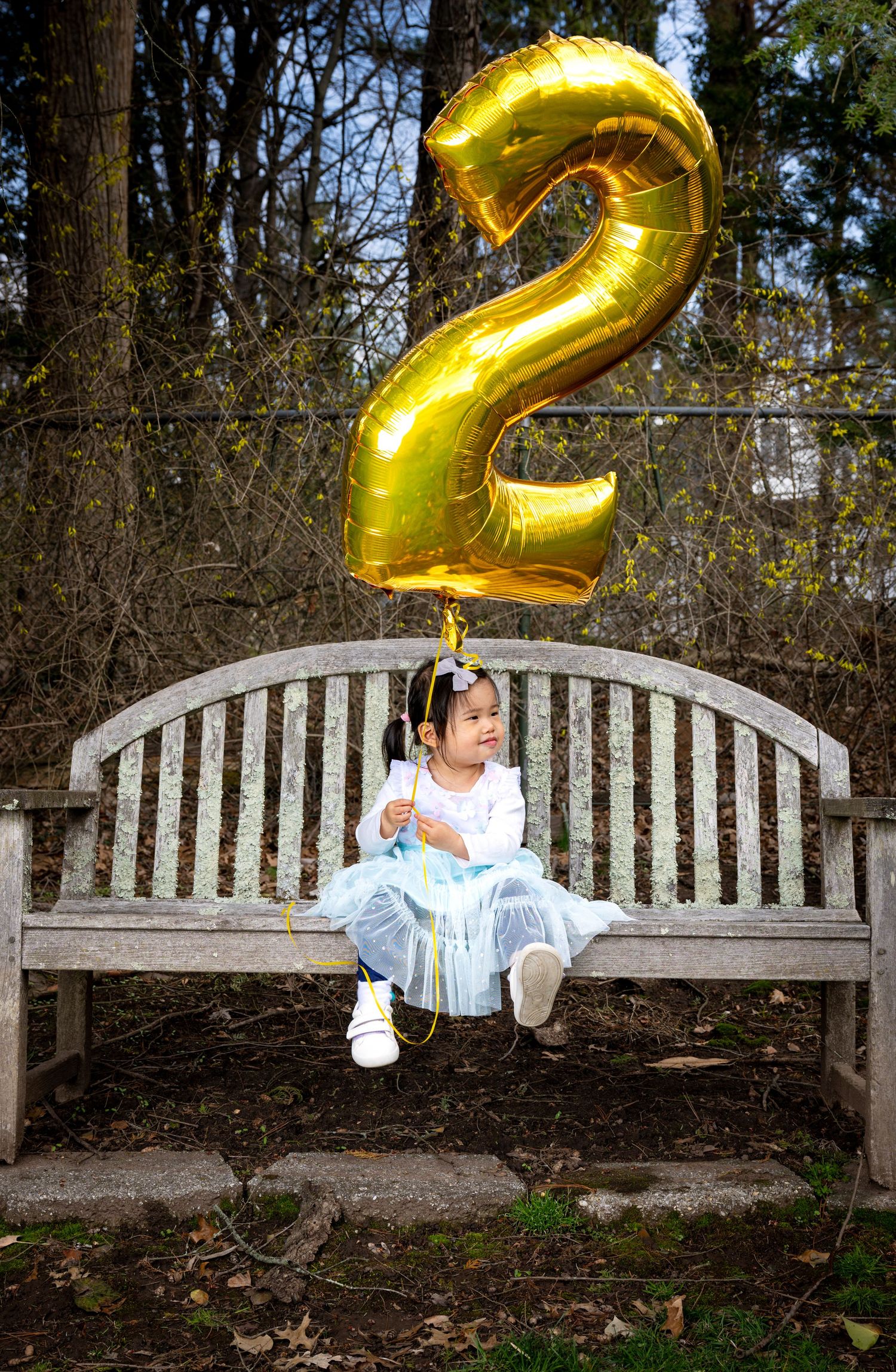 A large gold number 2 balloon floats above a wooden bench where a young child sits in a light blue outfit near trees.