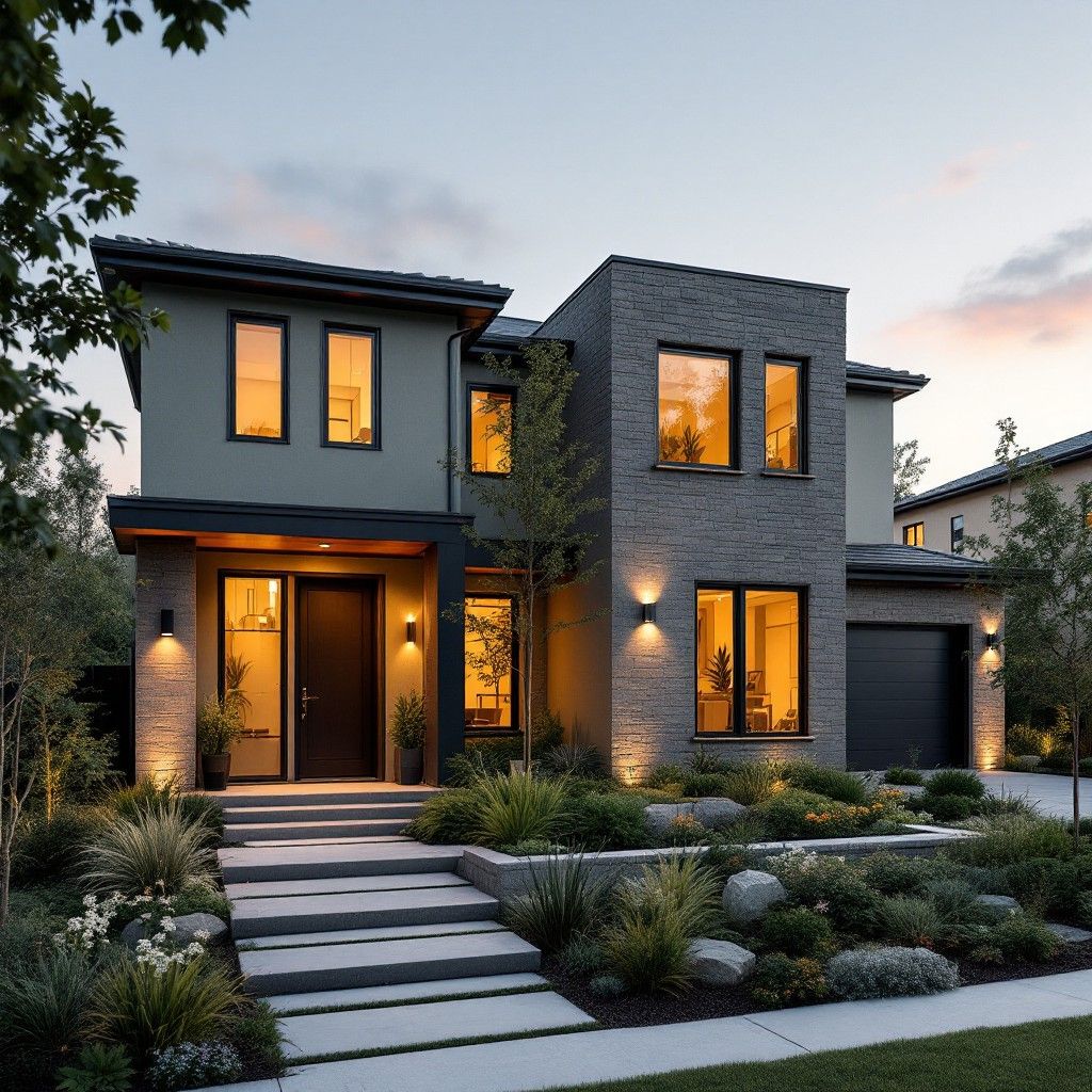 Modern two-story gray house with illuminated windows and floating concrete steps at dusk features contemporary landscaping.