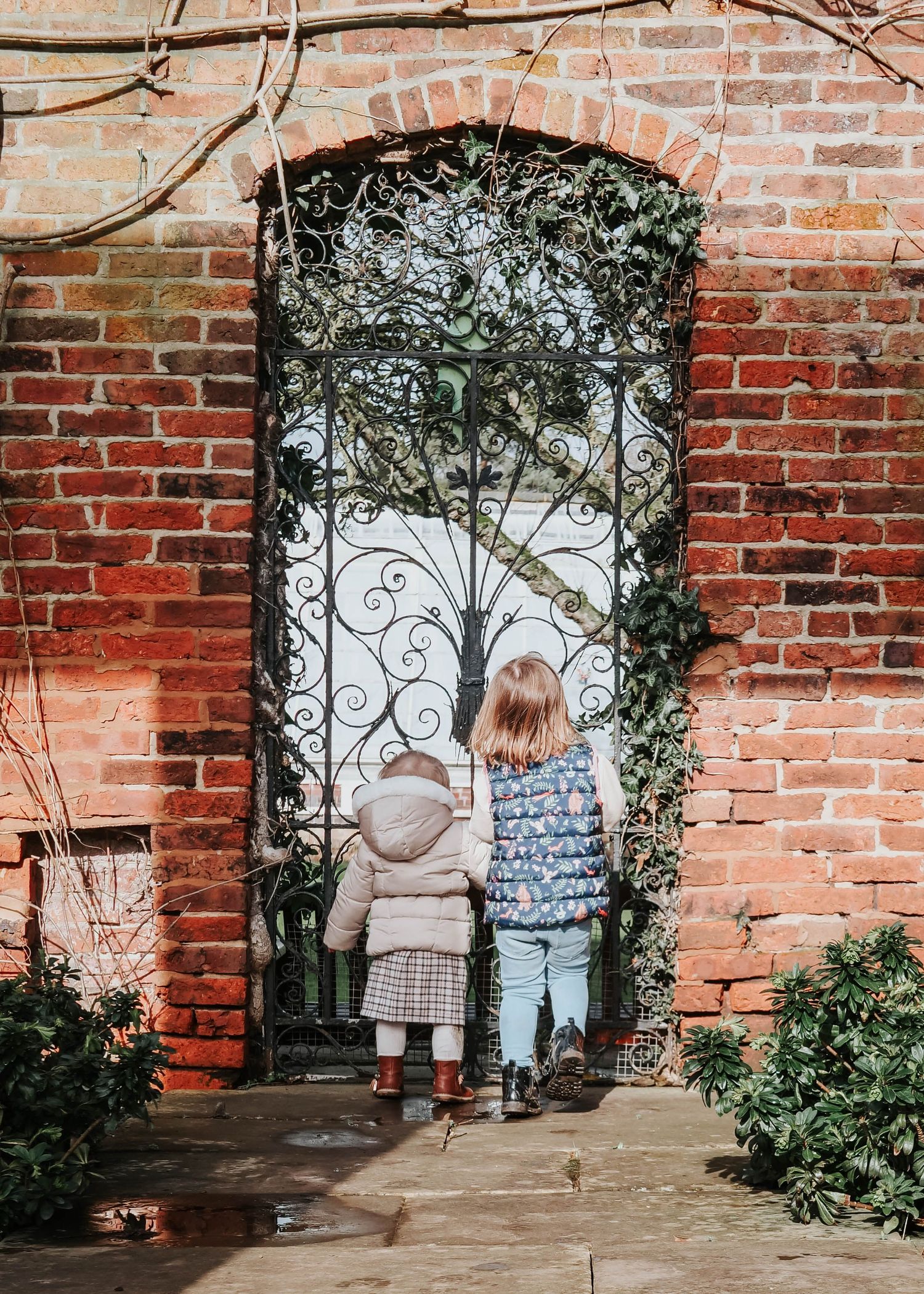 Cannon Hall Farm - Children peer through decorative iron garden gate framed by brick wall and climbing vines.