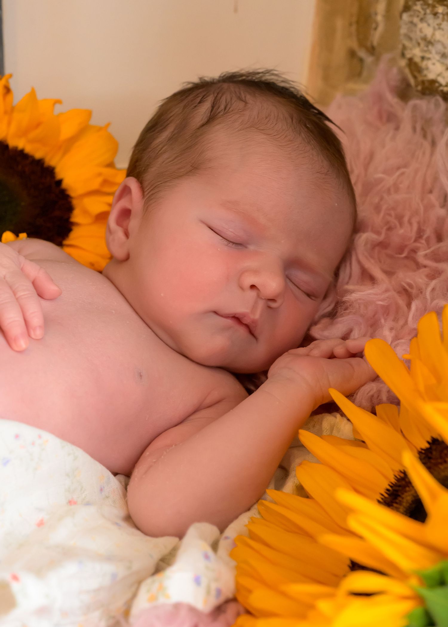 Newborn Photography - Sleeping baby nestled among bright orange sunflowers and soft pink fabric creates a peaceful newborn portrait.
