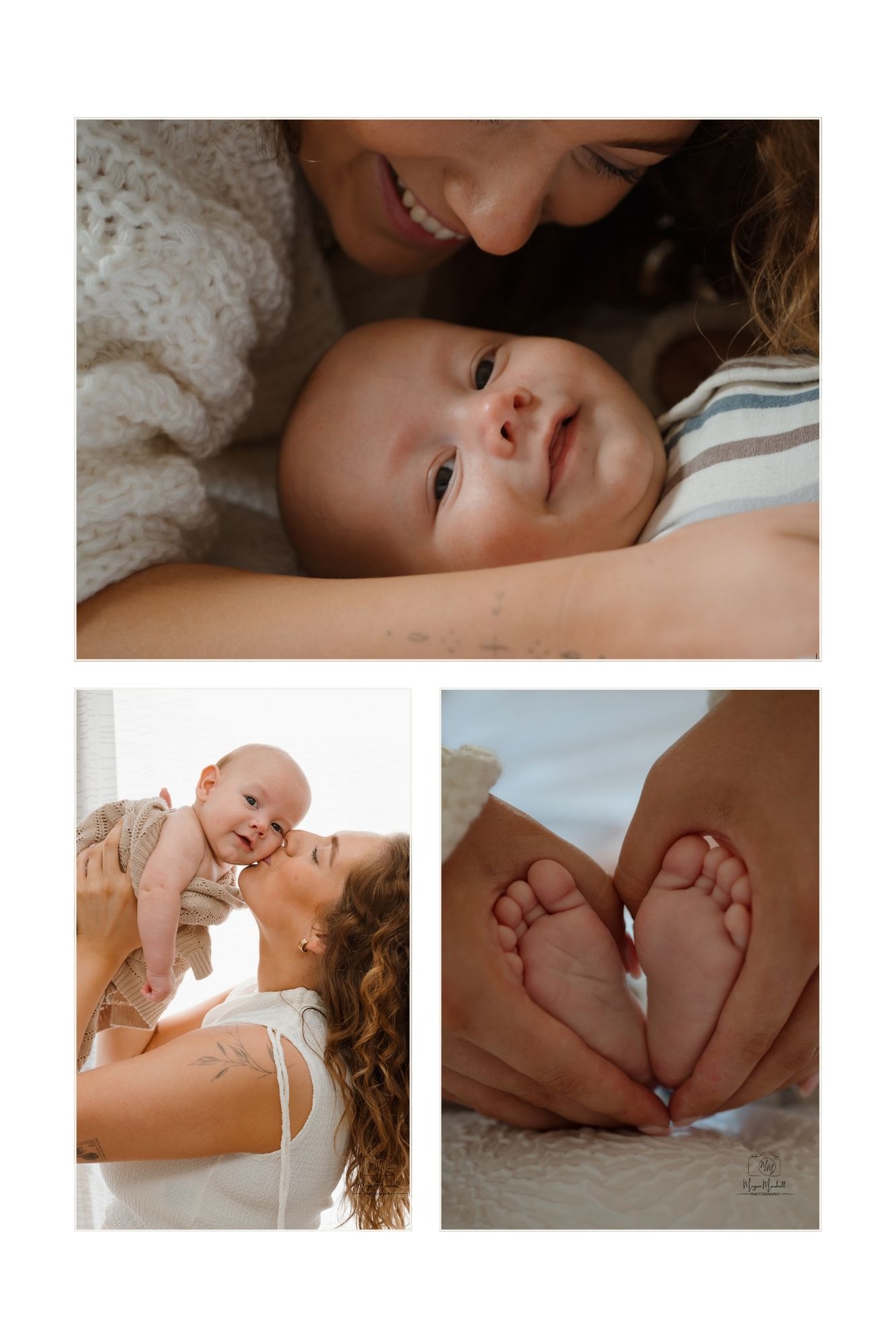 A tender collage of a mother and baby sharing sweet moments, including cuddles, kisses, and tiny feet forming a heart shape.