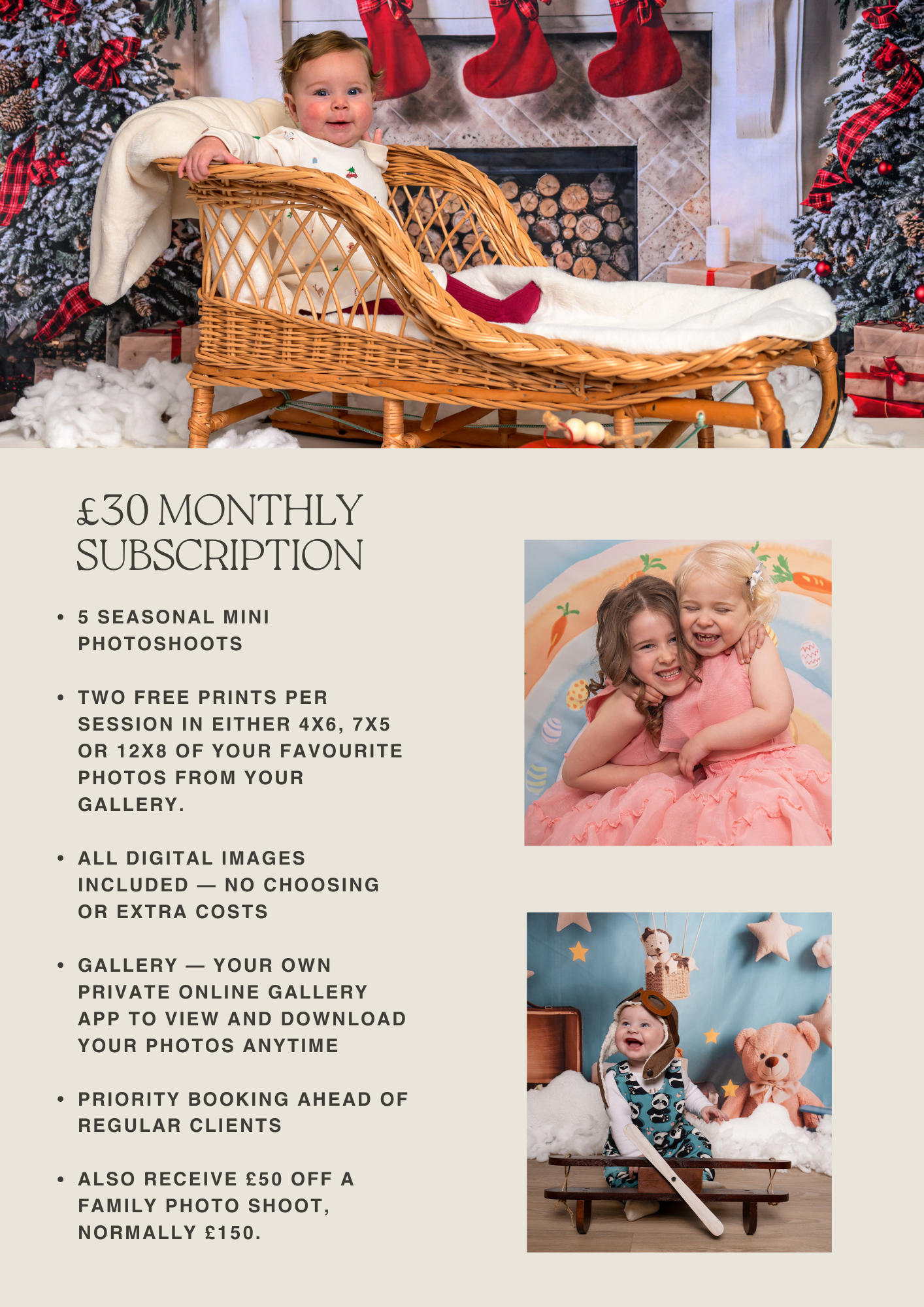 Photography subscription offer showing winter holiday themed photos and pricing details for £50 monthly package.