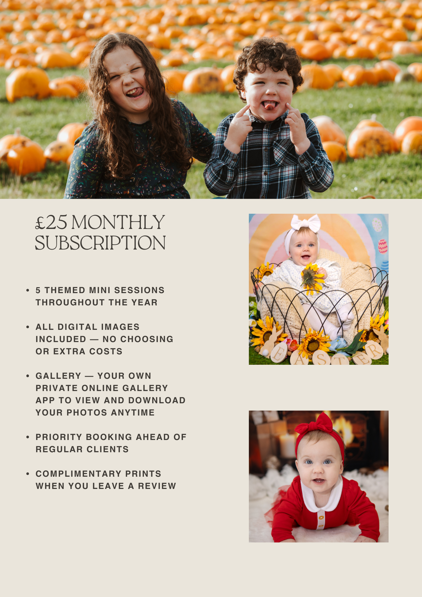 Photography subscription offer showing pumpkin patch scene and themed mini sessions with gallery access and digital images.
