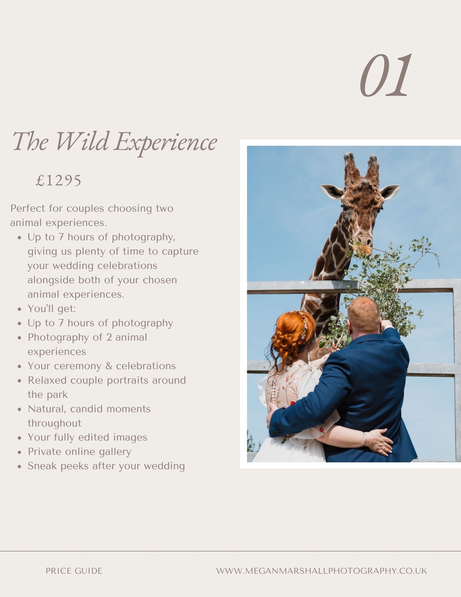 A couple poses with a giraffe at a zoo, showcasing The Wild Experience wedding photography package priced at £1295.