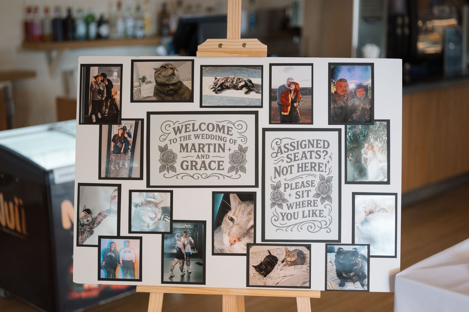 Wedding welcome sign board on easel displaying couple photos and seating instructions for Martin and Grace's celebration.