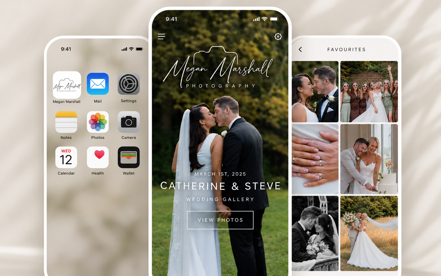 Mobile app screens showcasing Megan Marshall Photography wedding gallery with elegant couple portraits and photo collection interface.