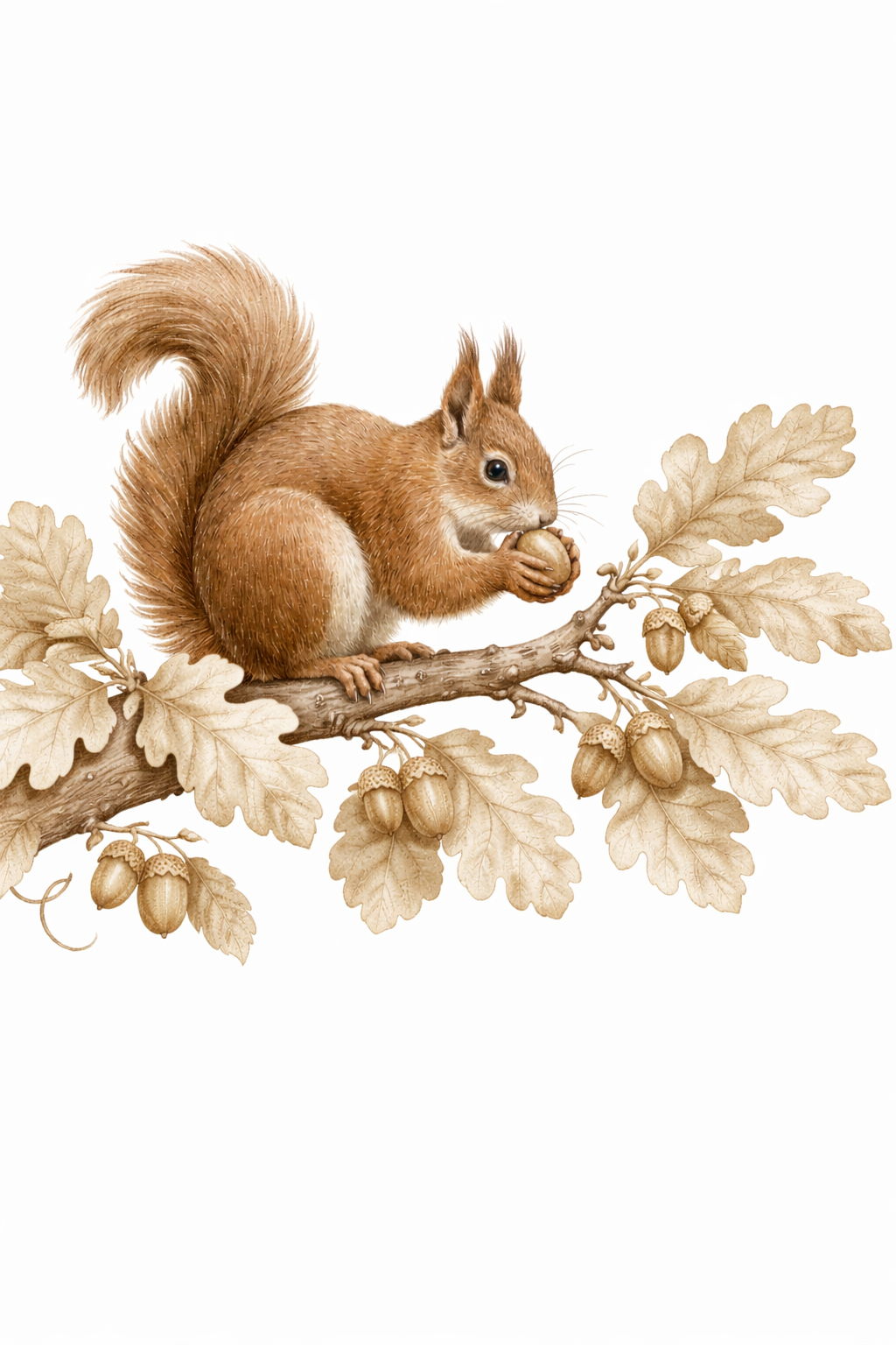 Watercolor illustration of a red squirrel sitting on an oak branch with acorns.